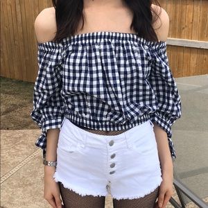 Altar’d state off the shoulder plaid shirt